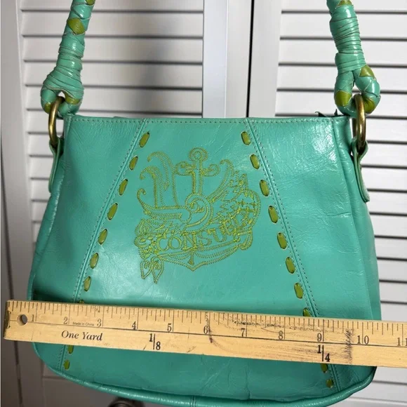 Vintage Consuela Leather Shoulder Tote Bag Teal With Colorful Flower Embroidery - Picture 14 of 16